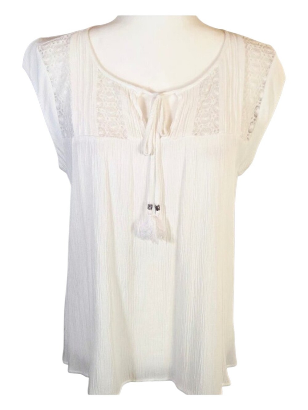 Black Rainn White Boho Lace Inset Keyhole Tassel Gauze Tunic Top M - Picture 1 of 10